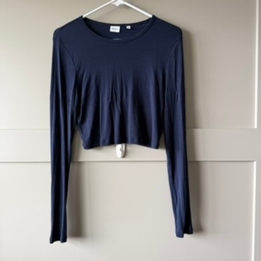 Aritzia Sunday Best Bliss Top Womens XL Navy Ribbed Modal Long Sleeve Crop